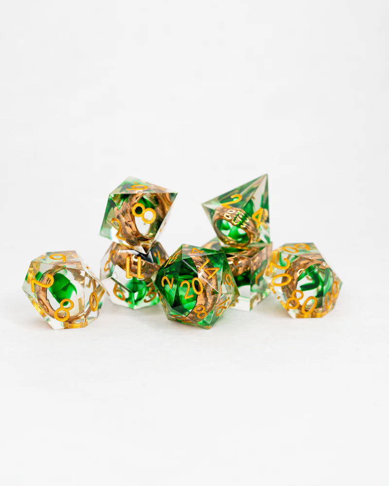 Three for Elven Kings | Ring Inclusion | 7 Piece Sharp Edge Resin Dice   Set
